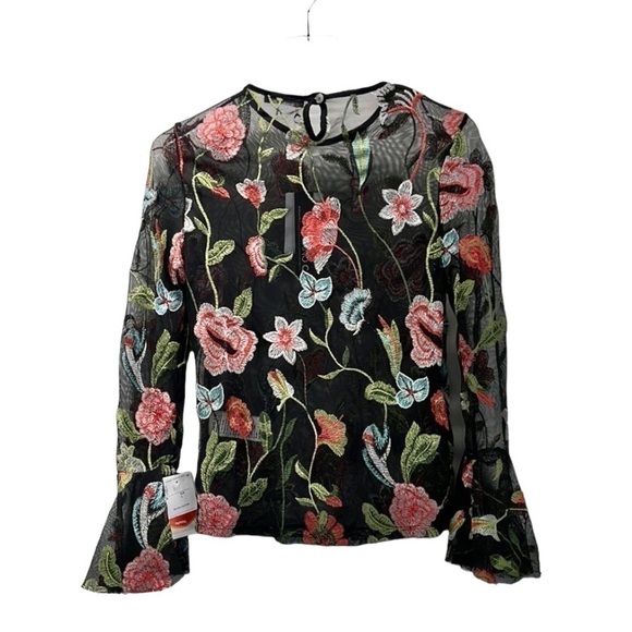 Piano C Top Shirt S Black Sheer Flower Embroidered Bell Sleeve NWT Whimsigoth - Picture 1 of 12